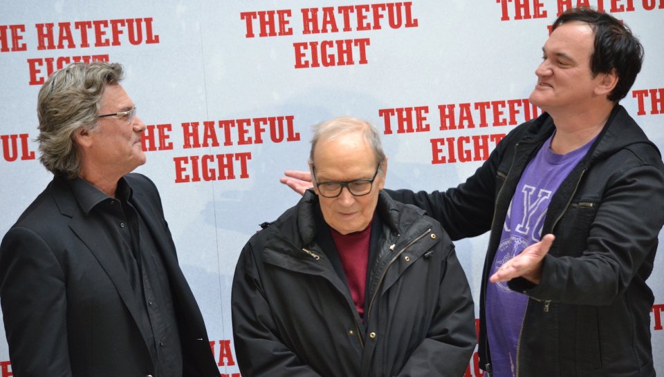 Tarantino presenta The hateful eight con Kurt Russell e il maestro Morricone a Roma