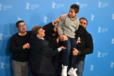 Berlino 2016: Samuele Puccillo, il regista Gianfranco Rosi, Pietro Bartolo in uno scatto al photocall di Fuocoammare