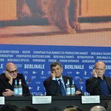 Berlino 2016: Gianfranco Rosi, Donatella Palermo, Pietro Bartolo, Serge Lalou alla conferenza di Fuocoammare