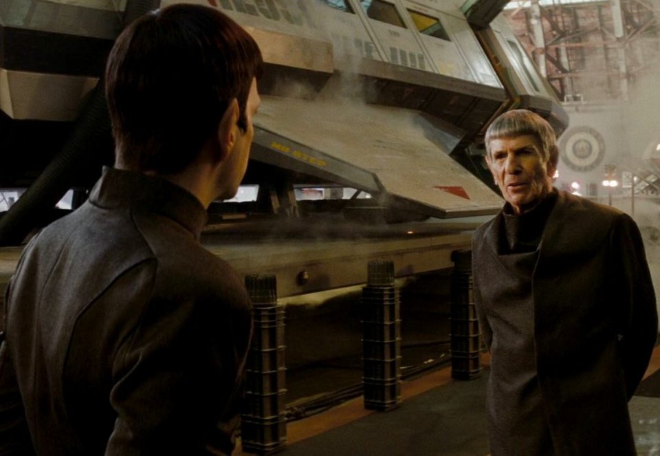 Star Trek: Zachary Quinto and Leonard Nimoy in a scene from the film