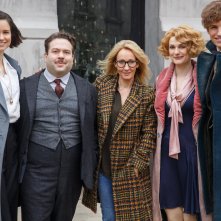 Animali Fantastici e Dove Trovarli: Katherine Waterston, Dan Fogler, J.K. Rowling, Alison Sudol ed Eddie Redmayne sul set