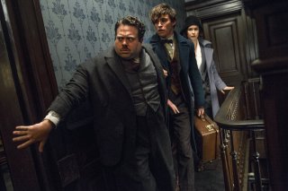 Animali Fantastici e Dove Trovarli: Dan Fogler, Eddie Redmayne e Katherine Waterston in una scena del film