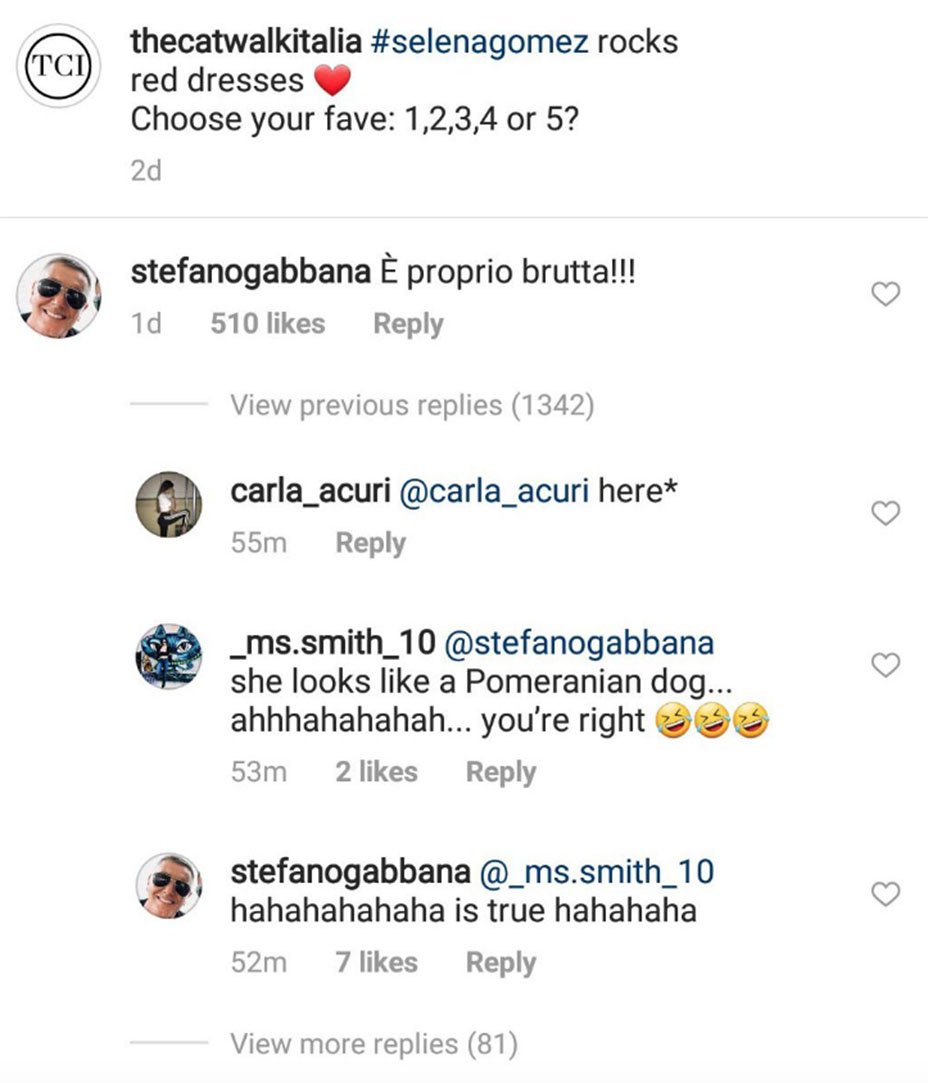 Stefano Gabbana critica Selena Gomez su Instagram