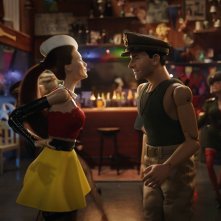 Benvenuti a Marwen: una scena con i personaggi/bambole del film, Leslie Mann e Steve Carell