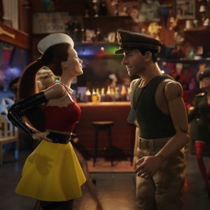 Benvenuti a Marwen: una scena con i personaggi/bambole del film, Leslie Mann e Steve Carell