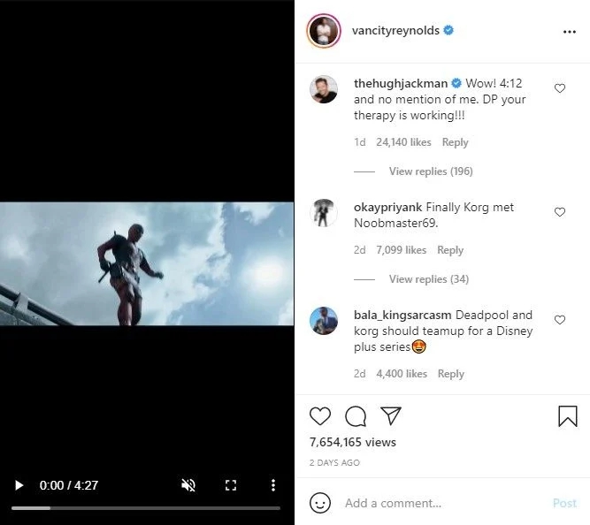 Hugh Jackman Comment Ryan Reynolds Deadpool Mcu Instagram