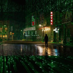 Matrix Resurrections: Keanu Reeves mentre cammina in una città 'matrix'