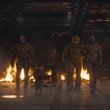 Guardiani della Galassia Vol. 3: Chris Pratt, Pom Klementieff, Zoe Saldana, Karen Gillan e Dave Bautista in  una scena del film