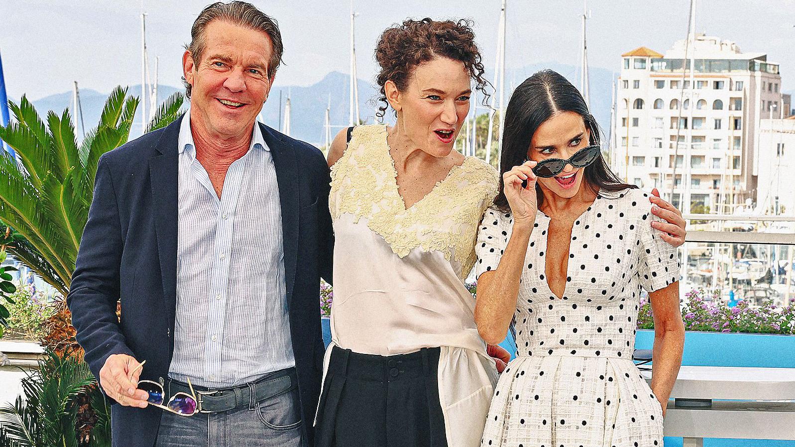 Demi Moore, Dennis Quaid e la regista Coralie Fargeat presentano l'horror The Substance in concorso a Cannes 2024