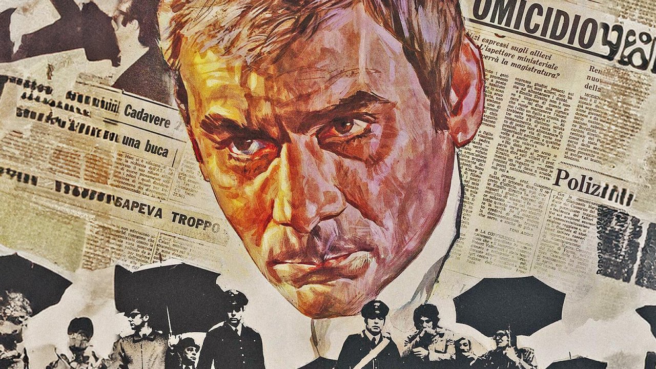 Gian Maria Volonté in un dettaglio della locandina di Sbatti il mostro in prima pagina