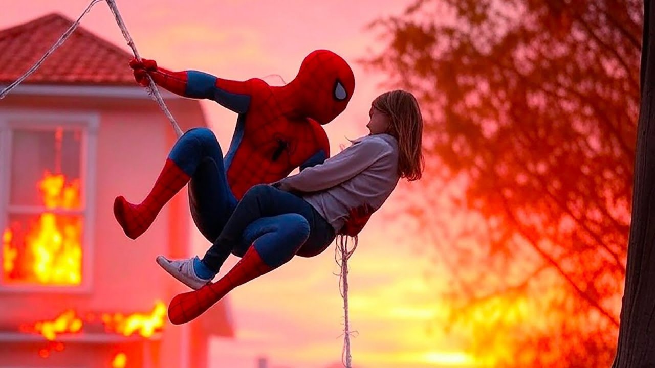 Spider-Man salva una ragazza mentre alle sue spalle Hollywood brucia