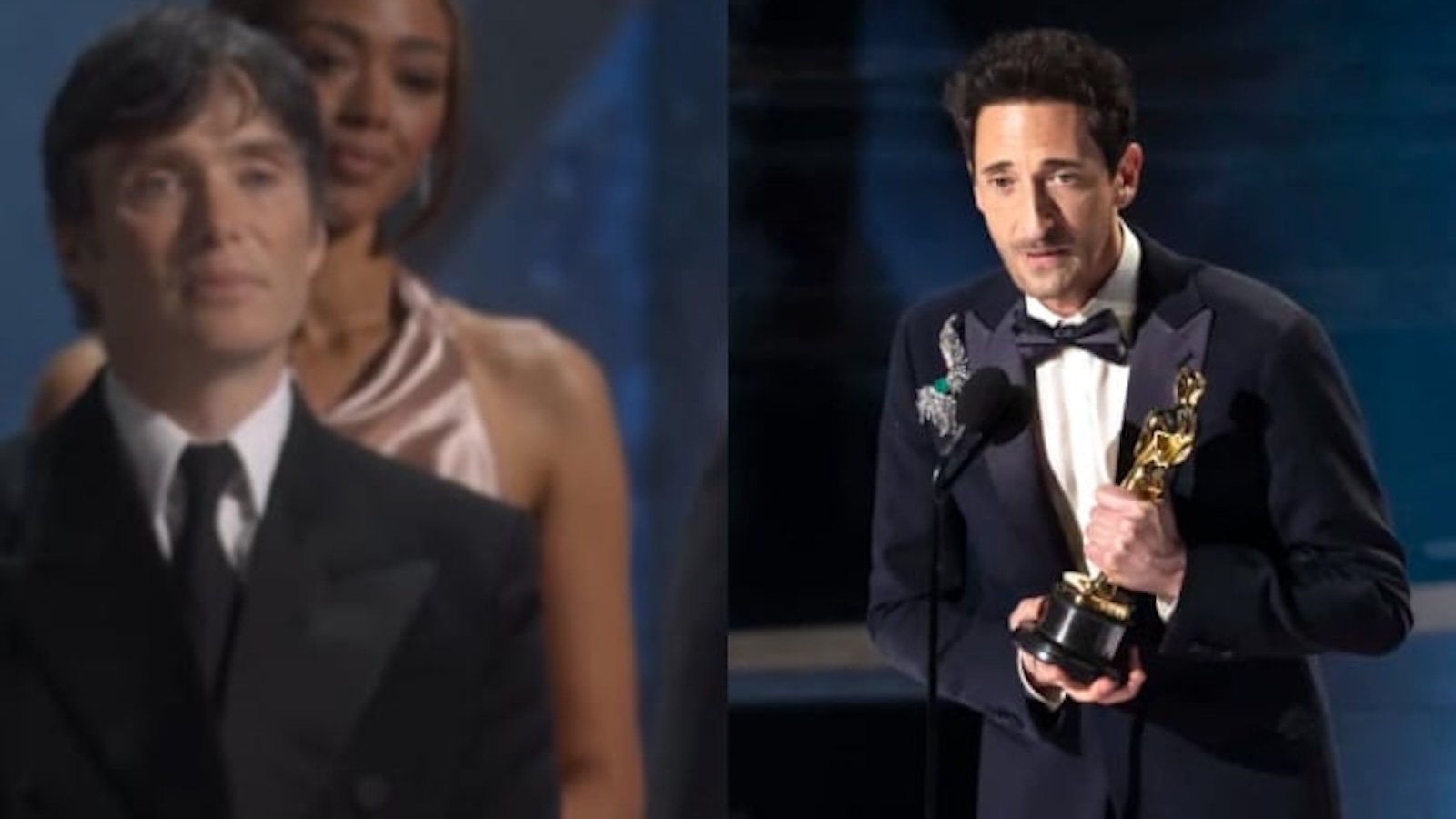 Cillian Murhpy mentre ascolta il discorso di Adrien Brody agli Oscar 2025