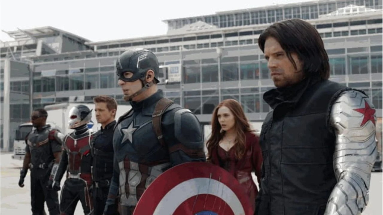 Alcuni dei protagonisti di Captain America: Civil War in una scena del film.