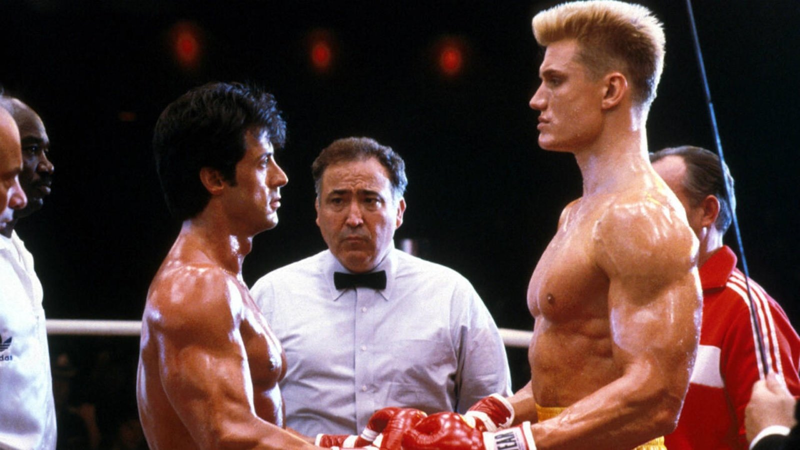 Rocky IV, Sylvester Stallone e Dolph Lundgren in una scena
