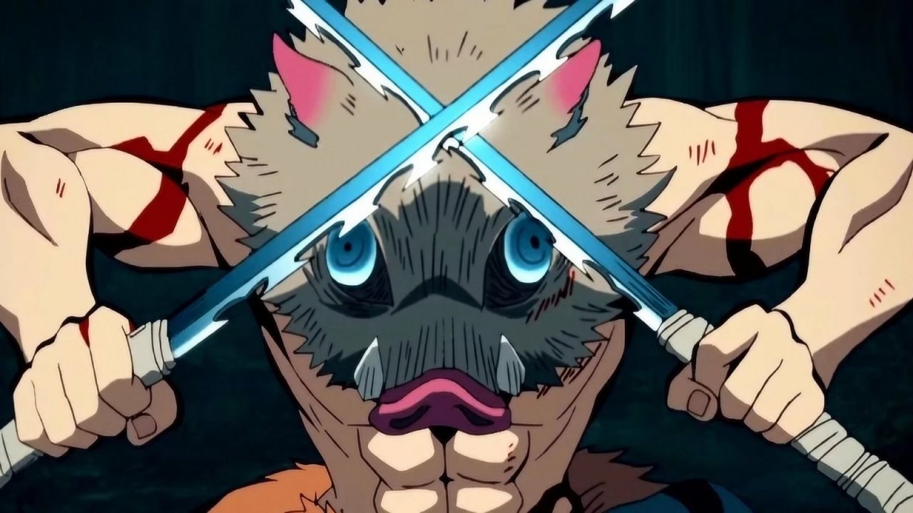 Una scena di Demon Slayer con Inosuke